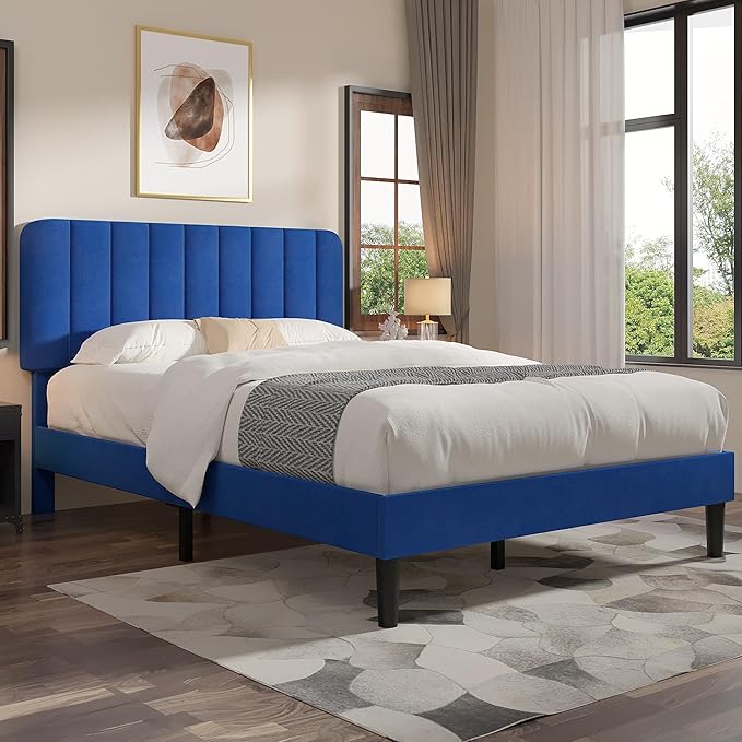 VECELO Full Size Bed Frame with Upholstered Headboard, Velvet Platform Bedframe Mattress Foundation, Strong Wood Slat Support, No Box Spring Needed,Blue