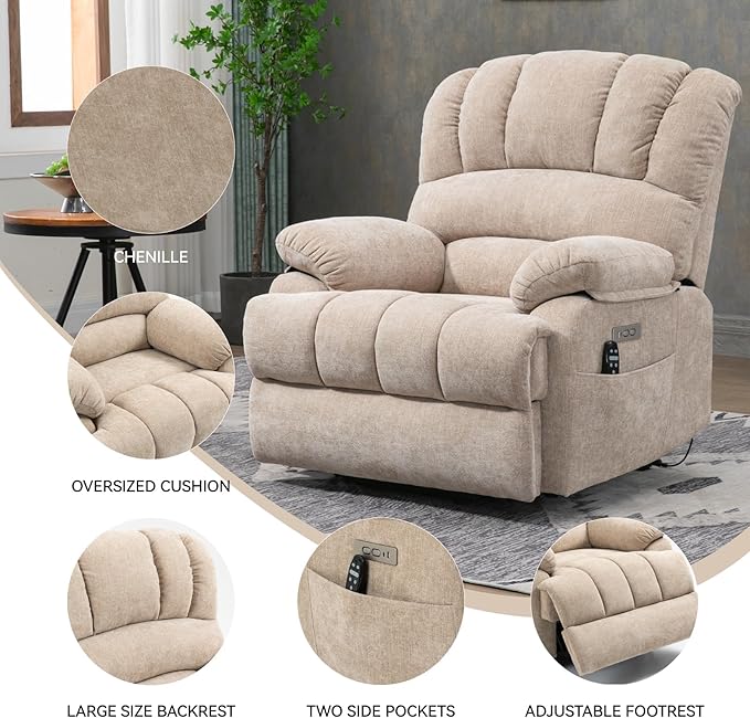Large Power Lift Recliner Chair with Massage and Heat for Elderly, Ergonomic Backrest, Infinite Adjust, 2 Side Pockets,USB and Type-C Ports, Chenille Beige