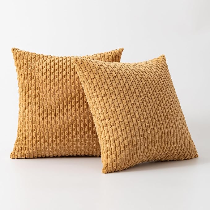 Kevin Textile Throw Pillow Covers Soft Corduroy Decorative Set of 2 Boho Striped Pillow Covers Pillowcases Farmhouse Home Decor for Couch Bed Sofa Living Room 24x24 Inch Gold