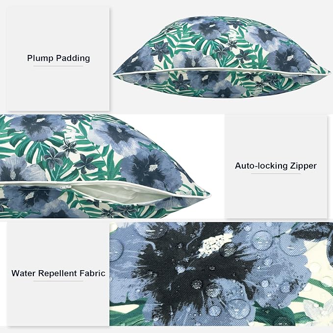 Outdoor Throw Pillow Covers Pack of 2, Decorative Water Repellent Square Pillow Cases 18x18 Inch, Patio Pillowcases for Home Patio Furniture Use, Blue Salmone Tropical