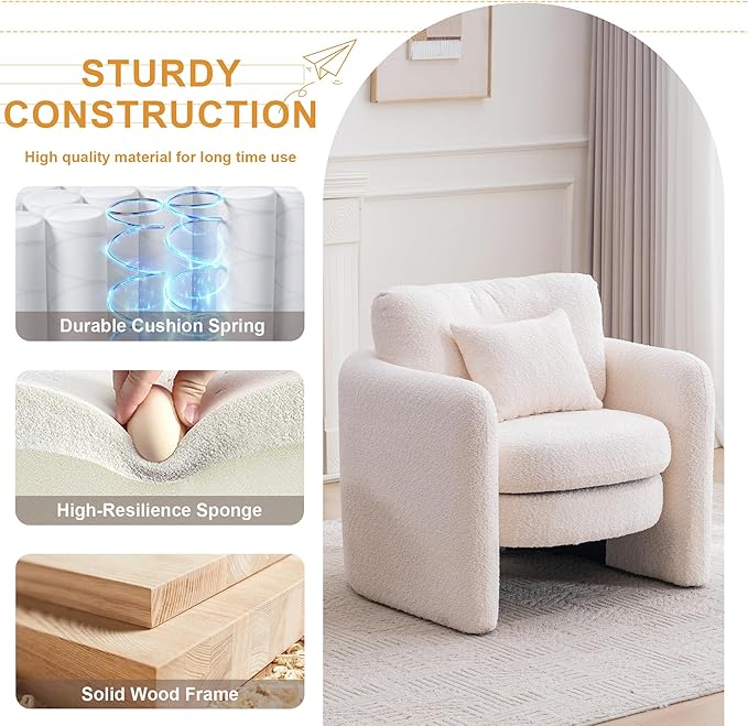 Chenille Accent Armchair Oversize Upholstered Barrel Comfy Modern Round Lounge Sofa Chair with Pillow Cozy Reading Chairs for Apartment,Office,Living Room,Dining,Makeup,Club,Beige