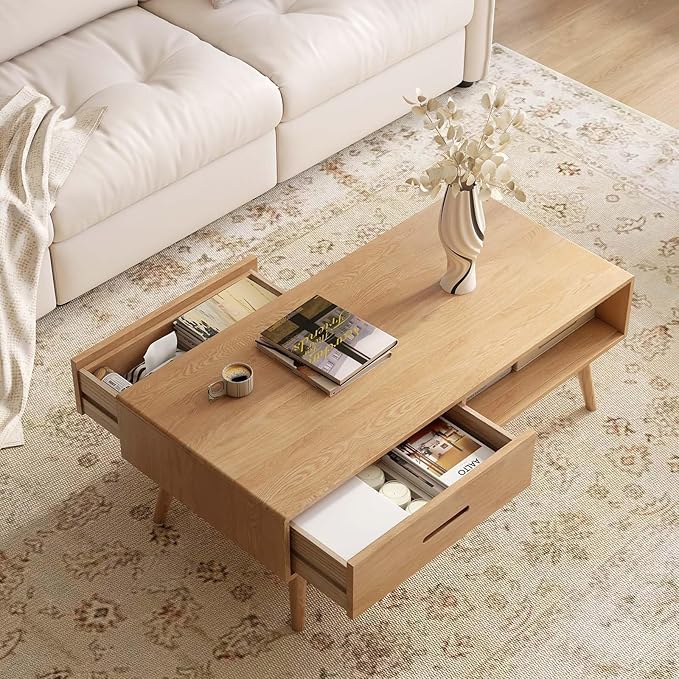 100% Solid Wood Coffee Table for Living Room, 39.37'' W Mid-Century Modern Coffee Table with Storage Shelf and 2 Drawers, Oak Coffee Tables for Home (Original Wood Color)