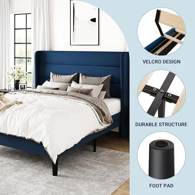 Allewie Queen Size Platform Bed Frame with Velvet Upholstered Wingback Headboard, No Box Spring Needed, Under Bed Storage Space, Wooden Slats, Modern Mattress Foundation, Easy Assembly, Blue