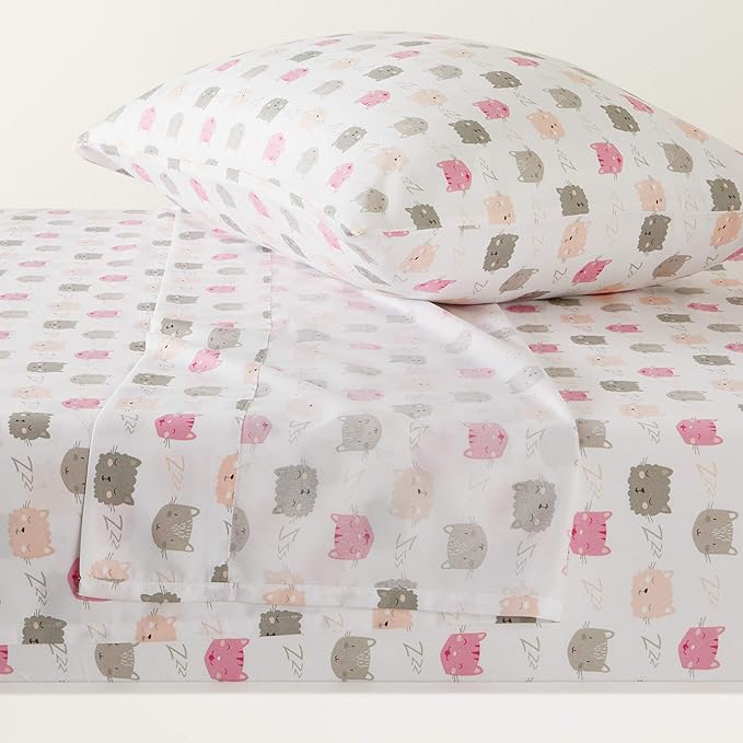 Amazon Basics Kid's Soft, Easy-Wash Microfiber 3-Piece Sheet Set, Twin, Peony Pink Kitties, Animal Print