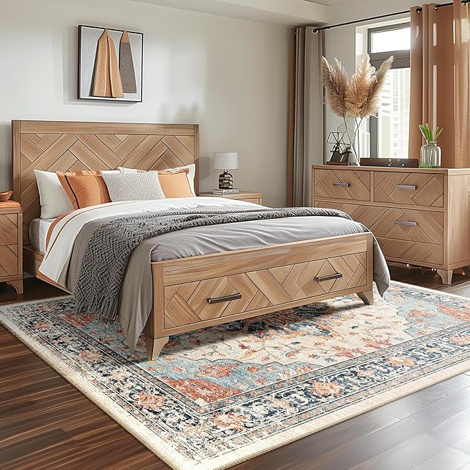 Area Rugs 6'x9' Washable Non-Slip, Floral Vintage Distress Print Pattern Medallion Carpet for Living Room Bedroom Dining Room, Beige Navy Blue Orange Colorful