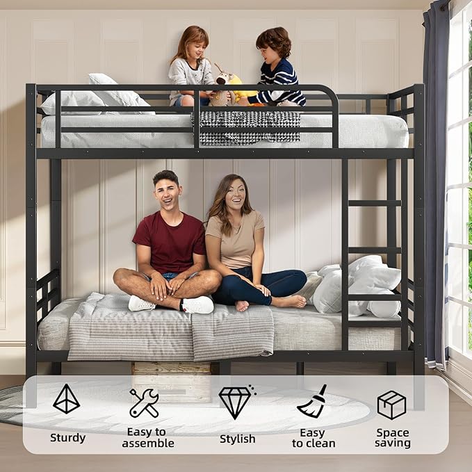 Full Over Full Bunk Bed Frame, Heavy Duty Metal Loft Bed for Adults/Teens, 350/500LB Capacity w/Ladder & Guardrail, Noise-Free Steel Slats, No Box Spring Required, Black