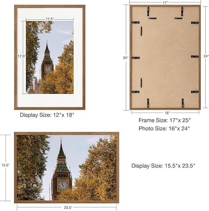 Axeman 16x24 Frame With Mat for 12x18, Solid Oak Wood 16x24 Poster Frame With Tempered Glass, 16 x 24 Picture Frame for Wall, 16 by 24 Wood Frame Home Decor, Hanging Hardware included, 2 PCs, Walnut