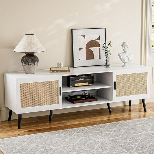 TV Stand for TVs up to 65'', Mid Century Modern Entertainment Center with Rattan Door, Shelves & 2 Cabinets, Boho Media TV Console for Living Room, Bedroom, White
