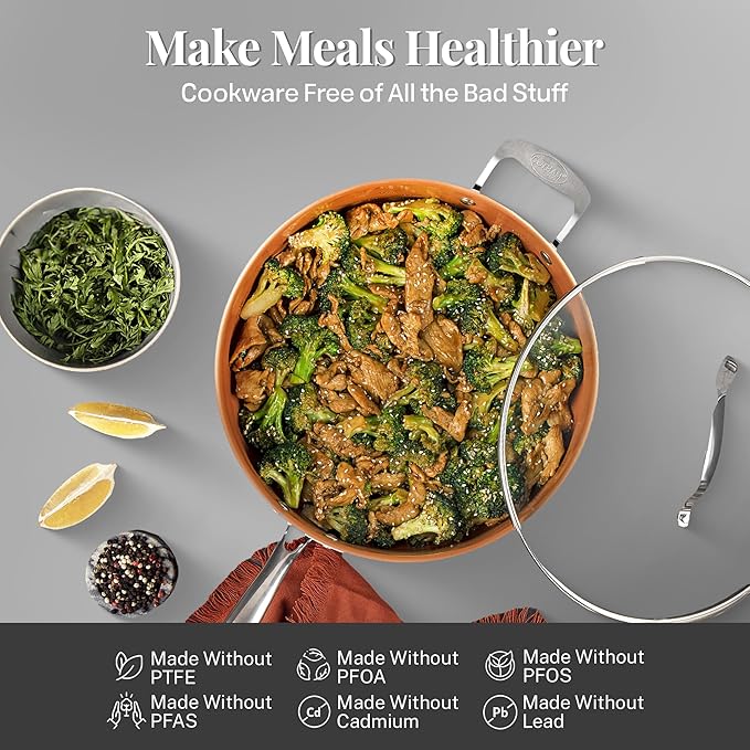 Gotham Steel 12 Pc Ceramic Cookware Set Nonstick, Ceramic Pots and Pans Set Non Stick with Steamer for Cooking, Non Toxic PFOA PFOS Free, Ergonomic Stay Cool Handles, Oven & Dishwasher Safe, Copper