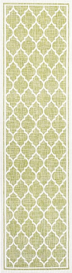 Eyely BMS109G-210 Santa Monica Trebol Moroccan Trellis Textured Weave Indoor/Outdoor Runner Rug Coastal;Bohemian, Bedroom, Backyard, Patio, Easy-Cleaning, Non-Shedding, 2 X 10, Green/Cream