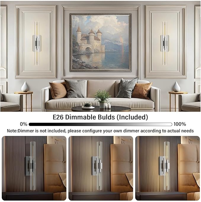 Wall Light Fixtures,Industrial Wall Sconces Clear Glass Wall Mount Sconce, Chrome Nickel Bathroom Vanity Light, Wall Lamp for Living Room Bedroom Hallway(Bulb Included)