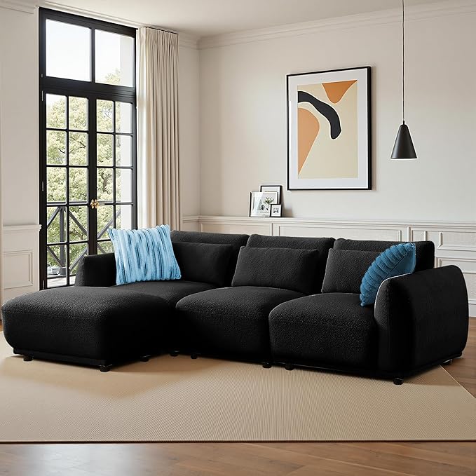 Sectional Sofa Couch, Modern Convertible U Shaped Sectional Couch with Ottoman, Modular Sectional Sofa Cloud Couches for Living Room (Black, 3 Set + 1 Ottoman)