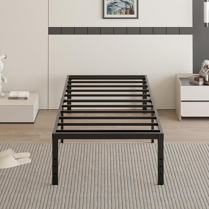 18 Inch Twin Bed Frames with Black Bed Cover, Metal Twin Size Bed Frame No Box Spring Needed, Heavy Duty Mattress Foundation, Easy Assembly, Noise Free