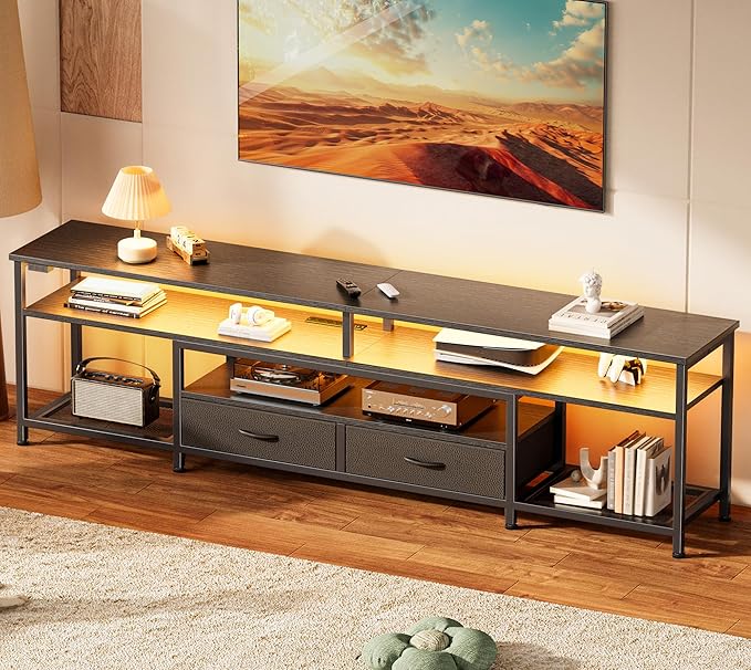 Huuger TV Stand for 75 80 Inch TV, Entertainment Center with Power Outlets and LED Lights, 70.9 Inch TV Console for Living Room, Media Console with Drawers and Shelves, Black