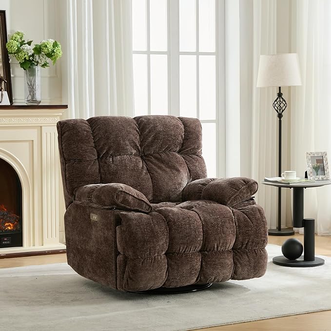 GINGO Power Oversized Recliner Chair, Extra Wide Swivel Rocking Recliner Chair, Breathable Soft Fabric Modern Single Sofa for Living Room, 90°-140° Electric Adjustable Angle, USB & Type-C Port, Brown