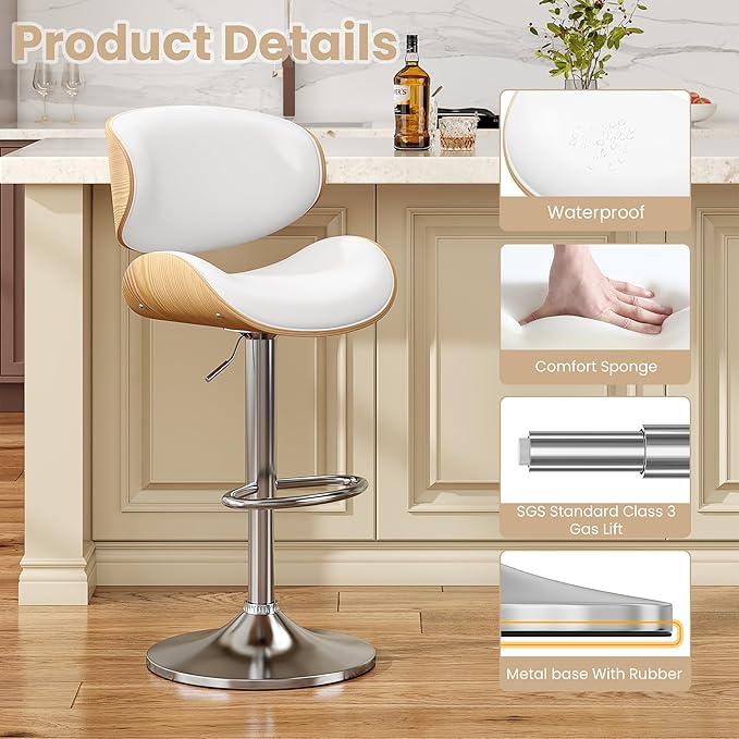 Swivel Bar Stools Set of 4 for Kitchen Counter, Adjustable Bentwood Barstools, Modern PU Leather Upholstered Bar Chair with Back and Footrest, for Bar, Kitchen, Dining Room, Snow White