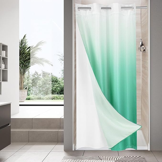 MitoVilla Teal Ombre Waffle Small Stall Shower Curtain 36 x 74, No Hooks Required Turquoise Half Size Narrow Fabric Cloth Shower Curtain Set with Snap-in Liner for Modern Bathroom Decor