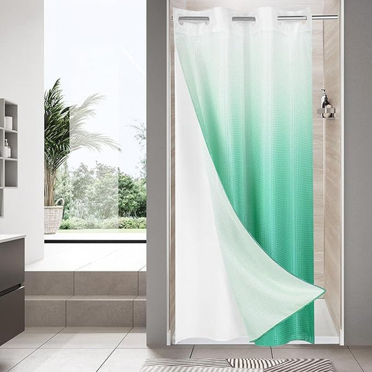 MitoVilla Teal Ombre Waffle Small Stall Shower Curtain 36 x 74, No Hooks Required Turquoise Half Size Narrow Fabric Cloth Shower Curtain Set with Snap-in Liner for Modern Bathroom Decor