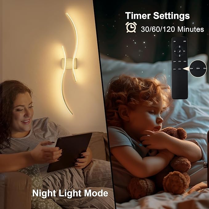 Battery Operated Wall Sconces Set of Two with Remote Control, Stepless Colors 3000K-6000K & Dimming, LED Brass Wireless Wall Light for Living Room, Hallway, Bedroom, 39.3 Inch (2 Pack)