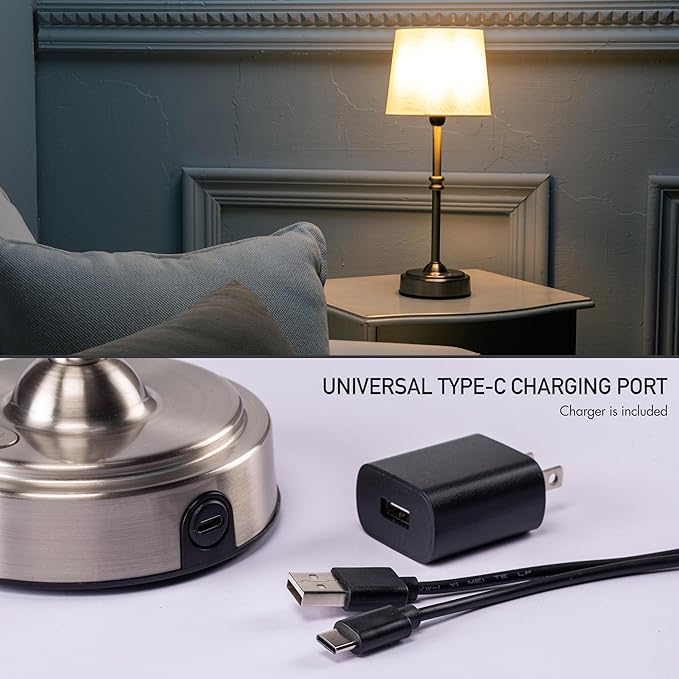 O’Bright Seraph - Cordless LED Table Lamp with Dimmer, Built-in Rechargeable Battery, 3-Level Brightness, Patio Table Lamp, Bedside Night Lamp, Ambient Light for Restaurant, Brushed Nickel