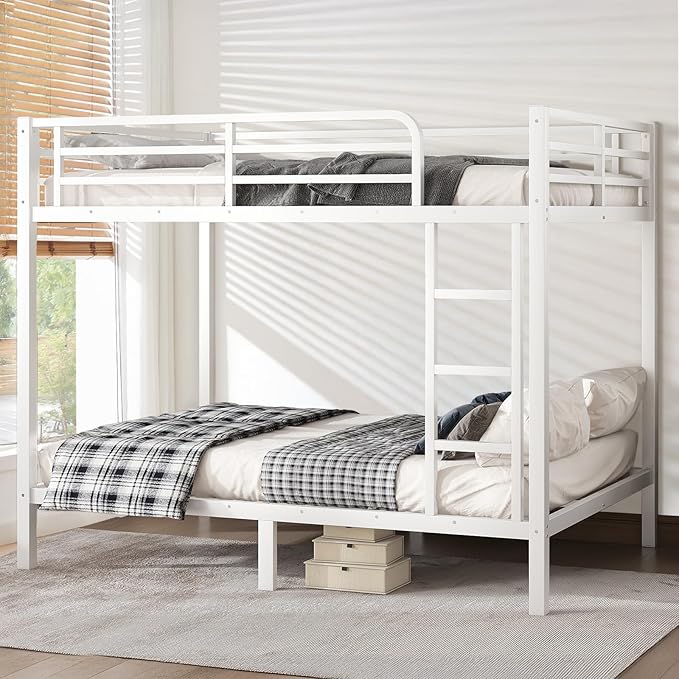 Full Over Full Bunk Bed Frame, Heavy Duty Metal Loft Bed for Adults/Teens, 350/500LB Capacity w/Ladder & Guardrail, Noise-Free Steel Slats, No Box Spring Required, White