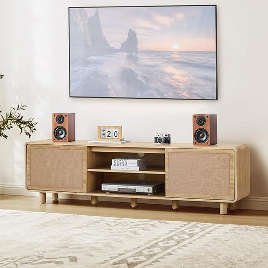 AVZEAR 70'' Large Modern TV Stand for TVs up to 80 Inch, Boho Entertainment Center with Storage & Nature Linen Door, Curved Wooden Media Console TV Consoles for Living Room Bedroom(Natural)