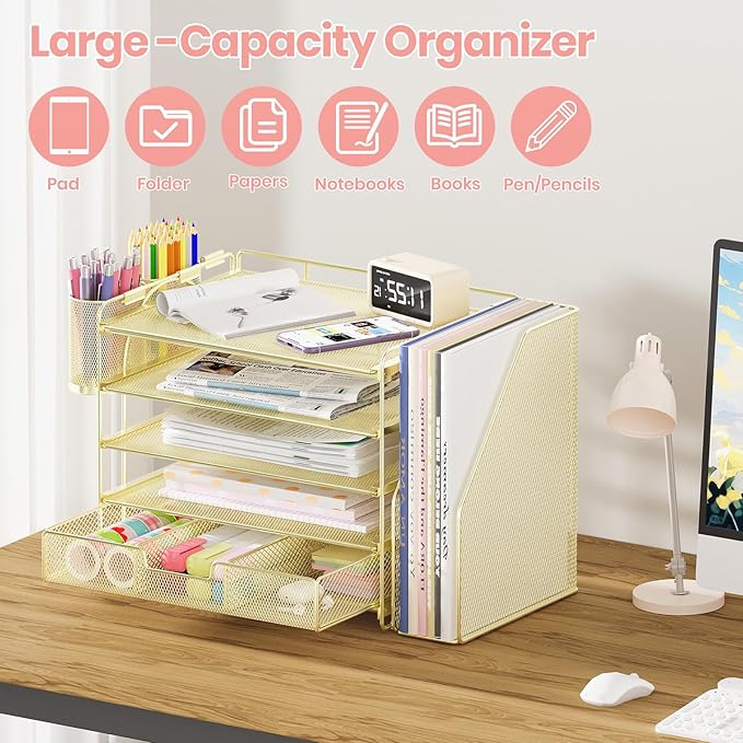 Desk Organizers and Accessories with File Holder, 5-Tier Office Desk Accessories & Workspace Desktop Organizer with Drawer and 2 Pen Holder, File Paper Organizer for Office Supplies(Gold)