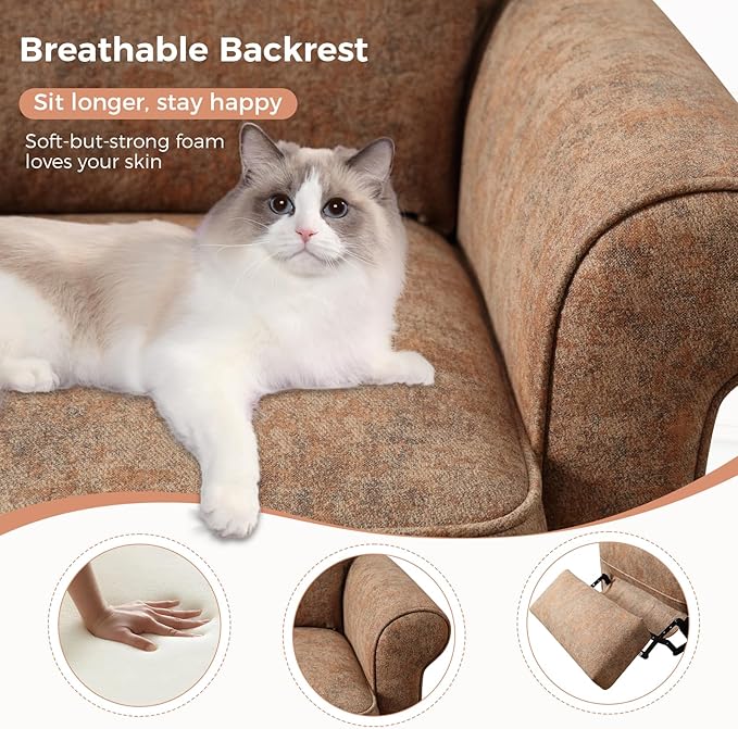 ANJ Push Back Recliner Chair, Textured Fabric Overstuffed Wingback Recliner, Adjustable Pushback Chair with Padded Seat and Back, Single Reclining Sofa for Living Room, Bedroom(Retro Brown)