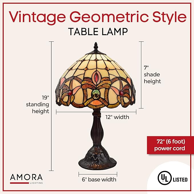 Amora Vintage Tiffany Table Lamp - Frosted White Stained Glass Nightstand Lamp - Geometric Table Night Light - 19” Stained Glass Lamps for Living Room