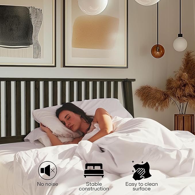 Acacia Kaylin Bed Frame Queen Size with Headboard Solid Wood Platform Bed, Mid Century Wood Bed Compatible with All Mattress Types, Non-Slip Noise-Free, Easy Asssembly, Mocha.