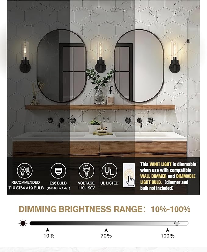 Emak Modern Black Wall Sconce, 1 Light Wall Lights with Clear Glass Shade, Farmhouse Vanity Lights for Bathroom, Mirror, Hallway, Bedroom, WS085-BK