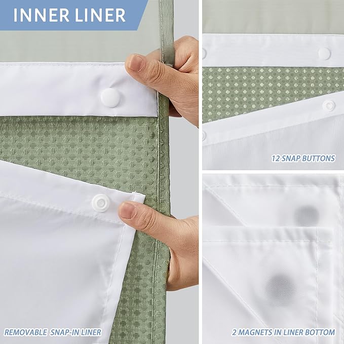 Furlinic Waffle Weave No Hook Shower Curtain with Snap in Fabric Liner Set,Heavy Duty Textured Bathroom Curtain with See Through Window,Waterproof & Machine Washable,Sage Green,71x72 Inch.