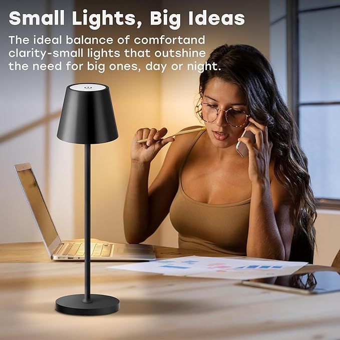 2 Pack Cordless Table Lamp,Portable LED Desk Lamp, 5200mAh Battery Operated, 3 Color Stepless Dimming Up, for Restaurant, Bedroom, Bars, Outdoor Party, Camping, Coffee Shop Night Light Black