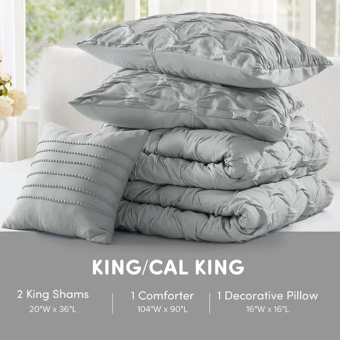 Comfort Spaces Comforter for King Size Bed, Ogee Ruched with Crinkle Texture, Breathable Comforter Set King, All Season Lightweight Bedding Set, Shams, Décor Pilow, King/Cal King Gray 4 Piece