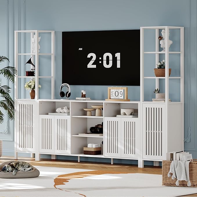 Entertainment Center with Bookshelves, Farmhouse TV Stand for 70 Inch TVs, TV Stands for Living Room w/Adjustable Shelves & Storage Cabinet, Modern Console Cabinet for Bedroom Home Theater