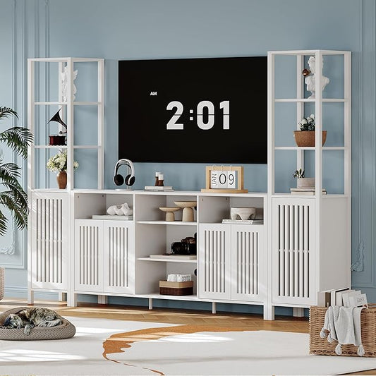 Entertainment Center with Bookshelves, Farmhouse TV Stand for 70 Inch TVs, TV Stands for Living Room w/Adjustable Shelves & Storage Cabinet, Modern Console Cabinet for Bedroom Home Theater