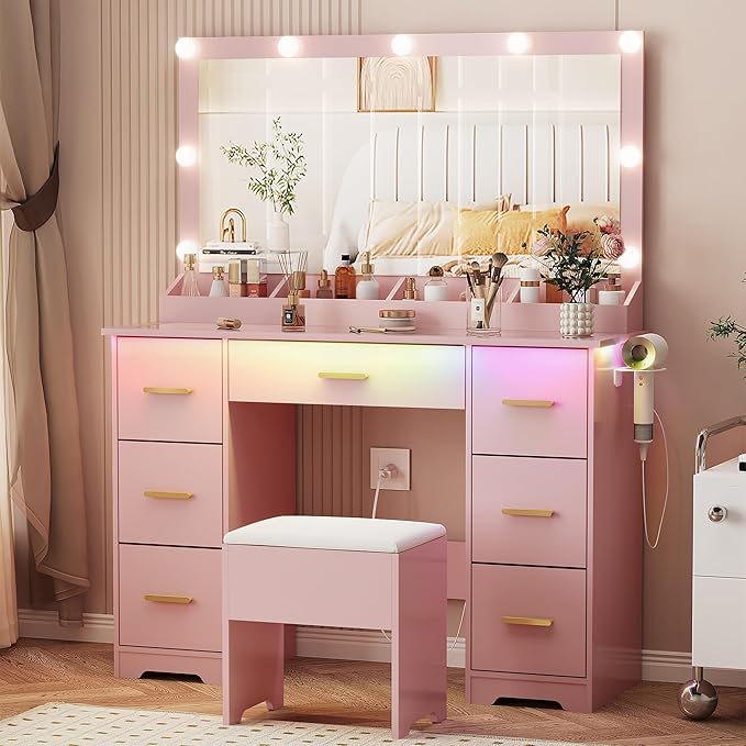 Vanity Desk with 38" Large Mirror and 9 LED Lights & Glass Top and Power Outlet, Adults Makeup Vanity with Chair and 7 Storage Drawers, Dressing Table Set for Bedroom, Modern Pink