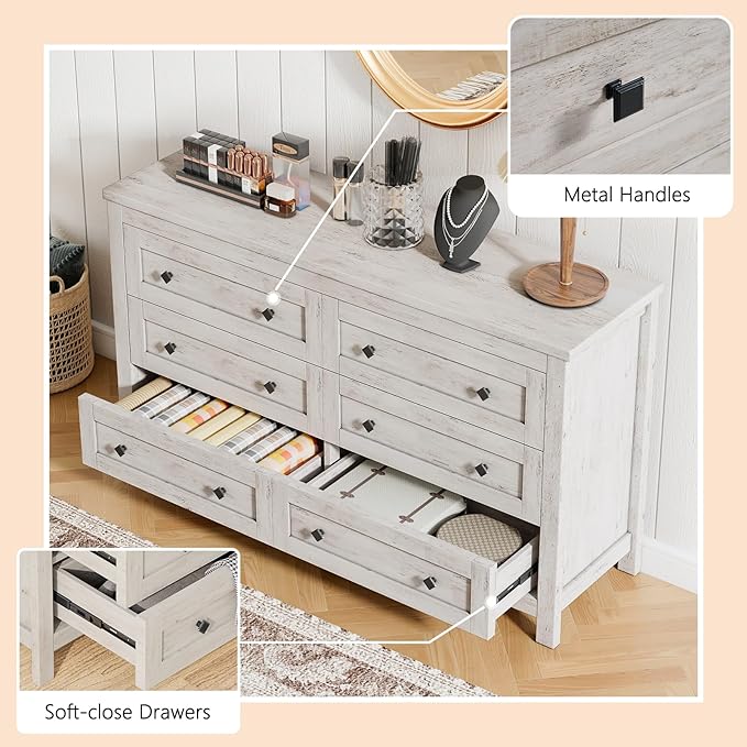 Farmhouse 6 Drawer Dresser, Wood Rustic Chest of Drawers for Bedroom, Closet Storage Dressers Organizer, 6 Drawers Chest for Living Room, Hallway, Rustic White
