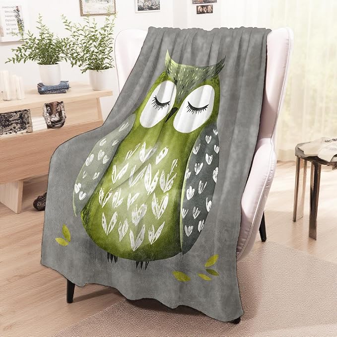 Cute Green Owl Blanket, Cozy Flannel Sleepy Cartoon Owls Throw Blanket for Couch Outdoor, Plush Soft Lightweight Travel Blankets for Bed Decor and Gifts, for Women Adults Boys Kids 60"x80"