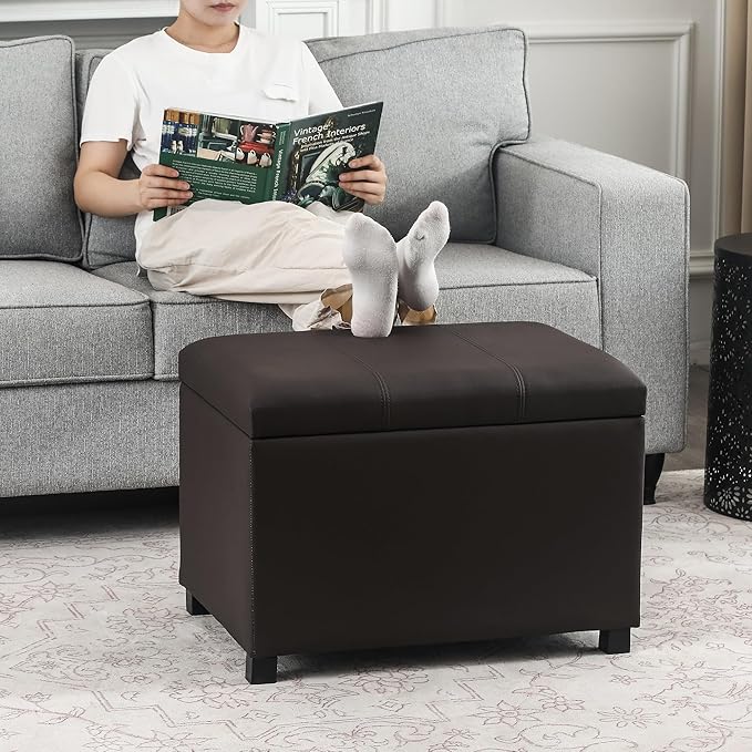 Asense 24'' Small Square Ottoman with Lift Off Lid, Storage Cube Leather Ottoman for Foot Rest, Footstool for Dorm, Living Room, Bedroom,Espresso Brown