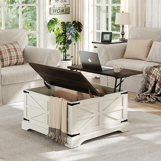 Furnideco Farmhouse Lift Top Coffee Table, Square Wood Center Table with Large Hidden Storage Compartment for Living Room, Rustic Cocktail White Modern Table with Hinged Lift Top, Brown Top