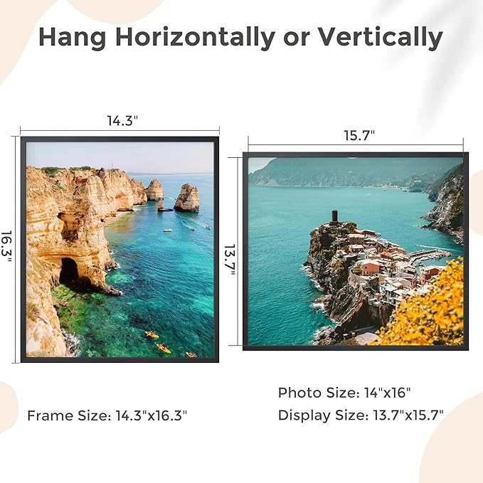 14x16 Metal Picture Frame - Black Aluminum Photo Frames-Real Real Glass,Wall Gallery Poster Puzzles Artwork 16x14 frame Mounting Horizontally or Vertically Decor for Wall, Black