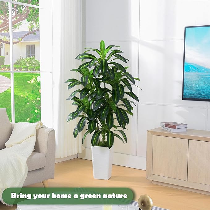 Artificial Dracaena Plant Indoor Fake Tree, Tall Fake Floor Plants with White Planter, Artificial Yucca Tree for Home Office Living Room Bedroom Farmhouse Modern Outdoor Topiary Tree (6 Trunks 5FT)