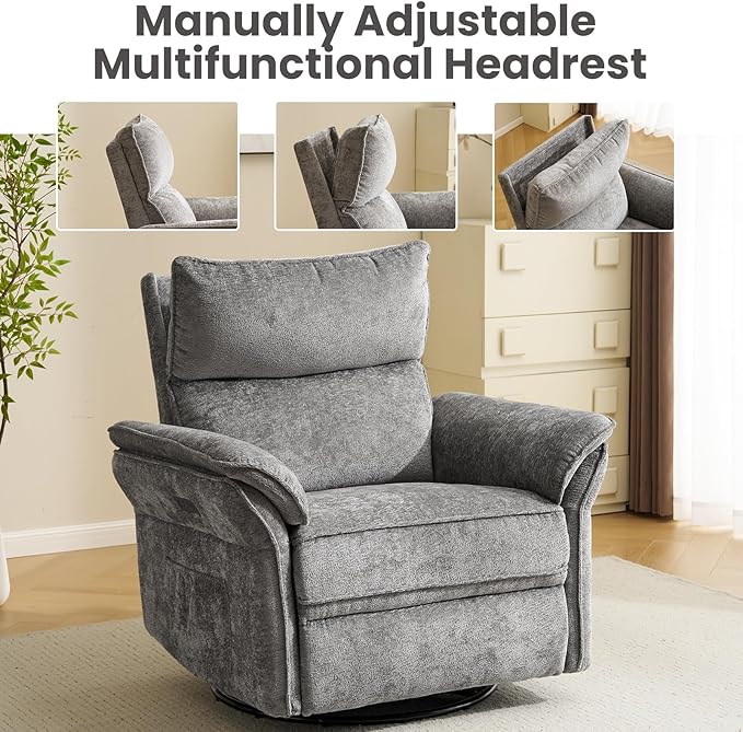 Oversized Power Recliner Chairs for Adults with Massage and Heat, Power Swivel Rocker Recliner Chair with Adjustable Headrest, 26" Extra Wide Rocker Nursery Recliner with USB Port, Dark Grey