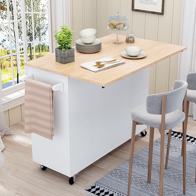 HLR Kitchen Island with Storage, White Rolling Kitchen Island on Wheels with Drop-Leaf Bar Countertop, Island Table for Kitchen with Side Open Spice Rack and Tower Rack, Extra Storage for Kitchen