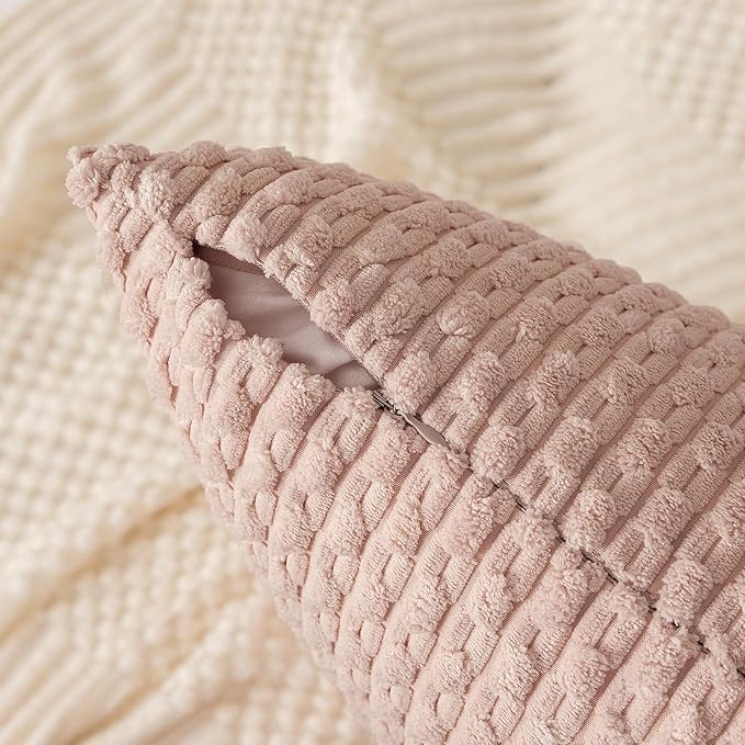 Kevin Textile Pack of 2 Corduroy Decorative Throw Pillow Covers 12x20 Inch Valentine' s Day Soft Boho Striped Pillow Covers Modern Farmhouse Home Decor Gifts for Spring Sofa Living Room Couch Bed Pink