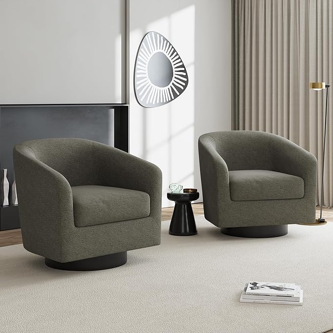 UIXE Swivel Accent Chairs Set of 2, Chenille Barrel Chair Upholstered Armchair for Living Room, Modern Round Arm Chair Small Single Sofa Bedroom Reading Seat - Tan