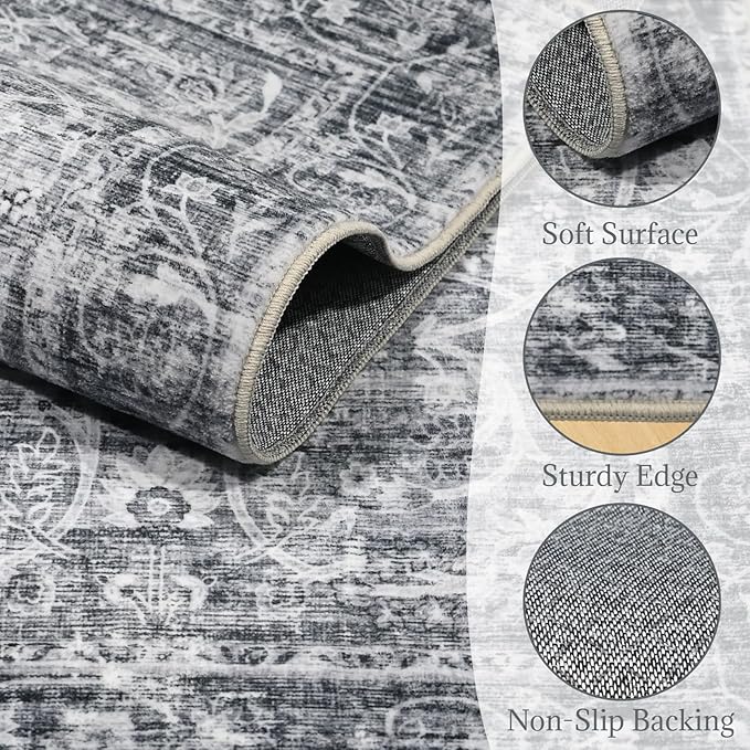 2'x6' Washable Runner Rug Utral Soft Lightweight Vintage Boho Distressed Non-Slip Backing,Low Pile Stain Resistant Farmhouse Rug for High-Traffic Hallway, Kitchen & Laundry