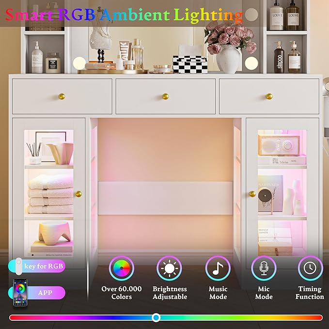 Makeup Vanity Desk with Mirror and Lights, White Vanity with Glass Top, LED Lights & Power Outlet, 3 Drawers & 2 RGB Glass Cabinets, Adjustable Lighted Dressing Table for Women & Girls Bedroom
