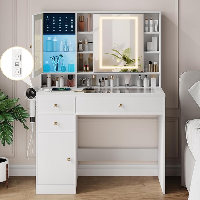 Makeup Vanity Desk with Mirror and Lights, White Vanity with Glass Top, Jewelry Storage, Power Outlets, 3 Drawers & 2 Cabinets, Adjustable LED Lighting, Dressing Table for Women & Girls Bedroom